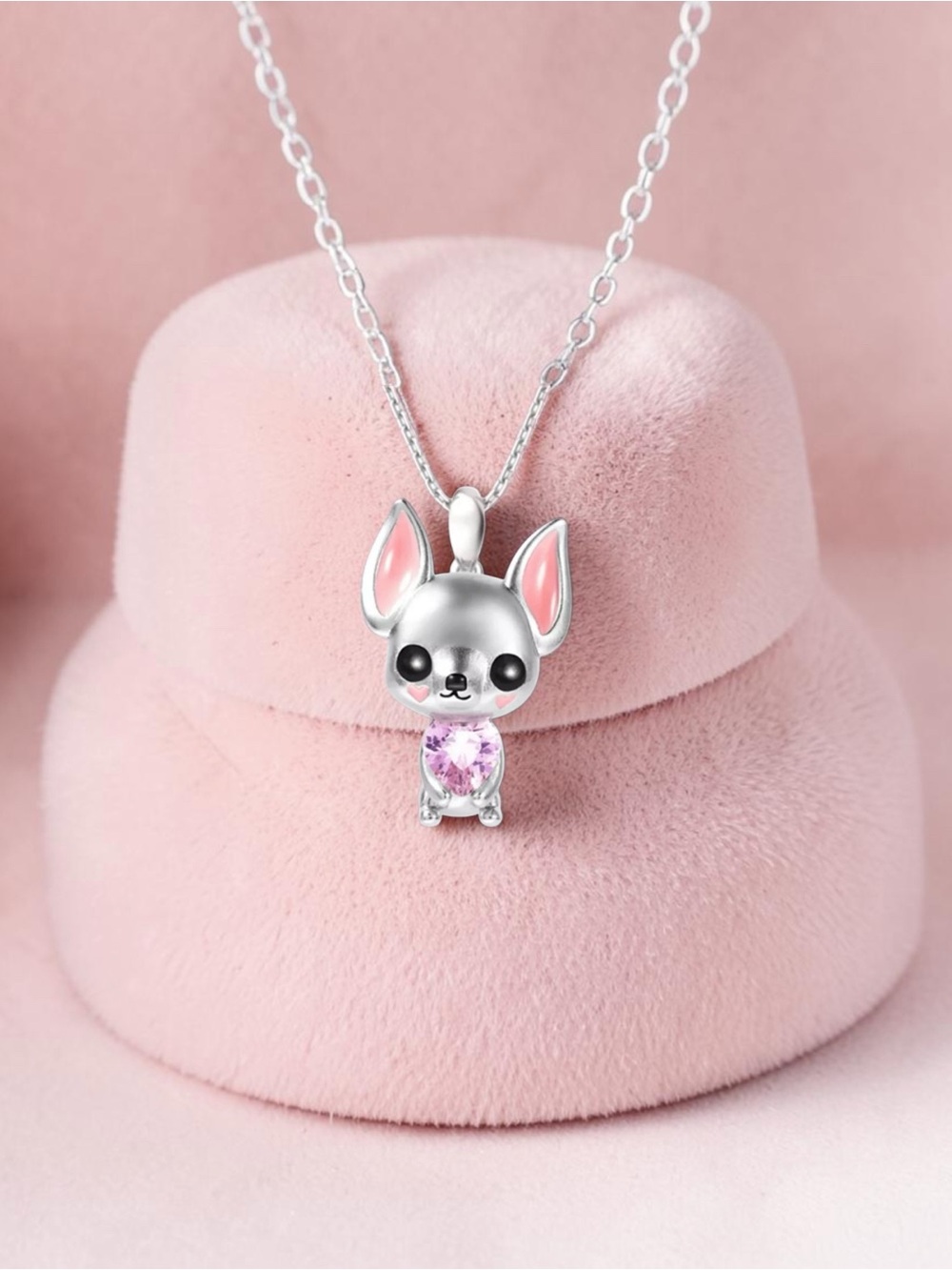 Chihuahua With A Pink Crystal Heart. A Precious Love Necklace